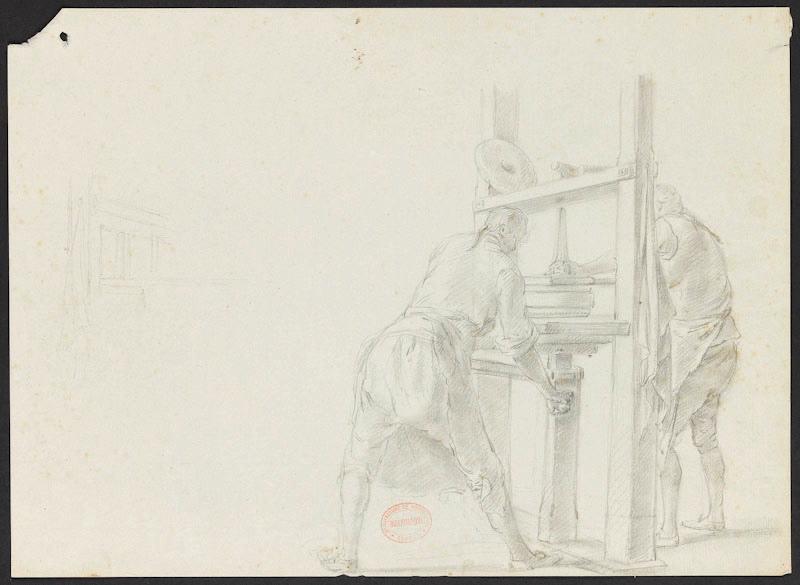 Mouleurs travaillant à la presse