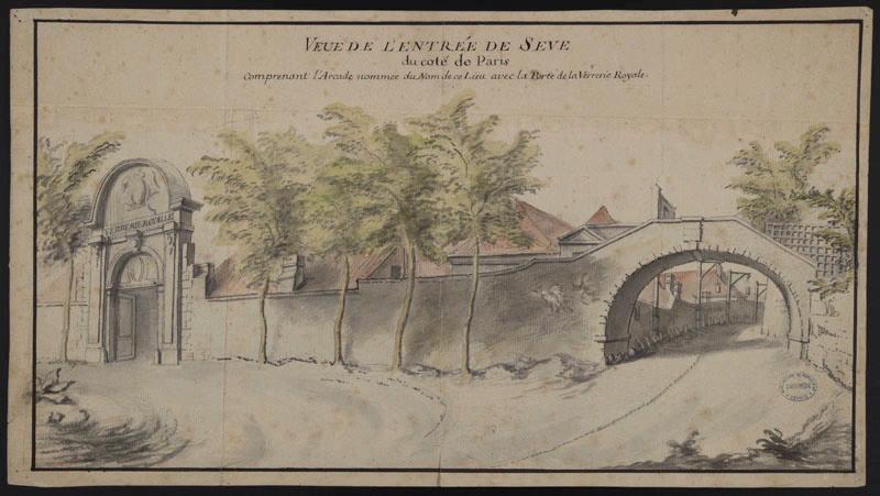 Vue de l'entrée de Sèvres du côté de Paris, avec la porte de la verrerie royale