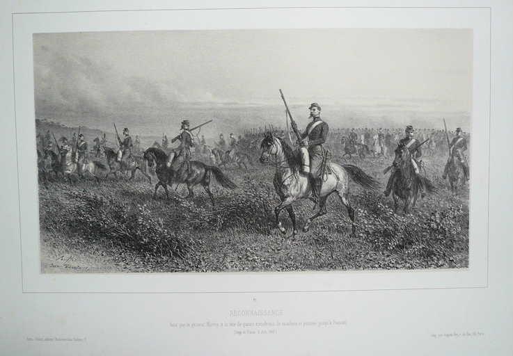 Planche 21 de l'album : Reconnaissance faite par le général Morris à la tête de quatre escadrons de cavalerie et poussée jusqu'à Frascati. (Siège de Rome 11 juin 1849)