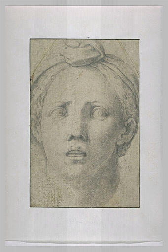 Tête de femme de face, coiffée d'un turban