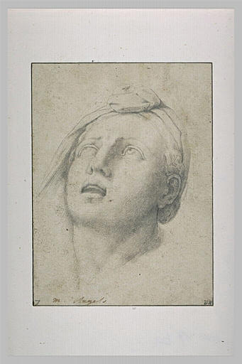 Tête de femme, de trois quarts, coiffée d'un turban, semblant crier