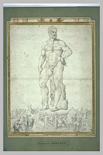 Statue d'Hercule sur un piédestal, personnages la dessinant et  contemplant