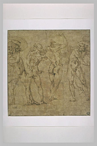 Quatre guerriers nus luttant, armés d'épée et de bouclier