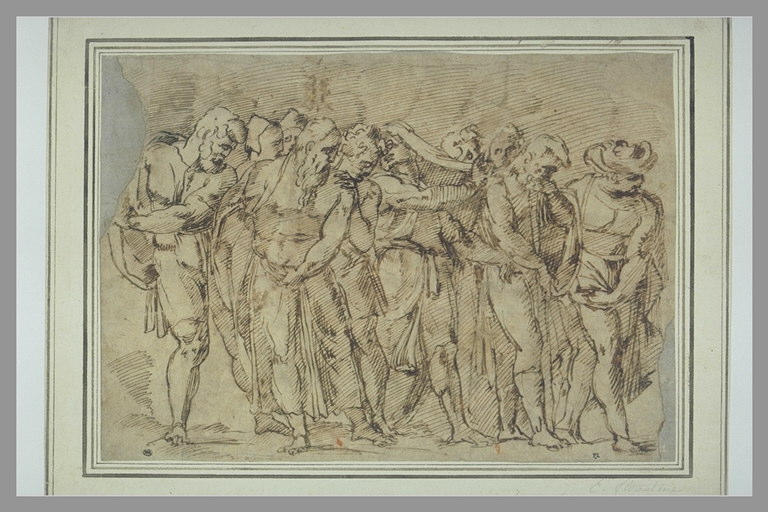 Groupe de figures debout, la première à droite est coiffée d'un turban