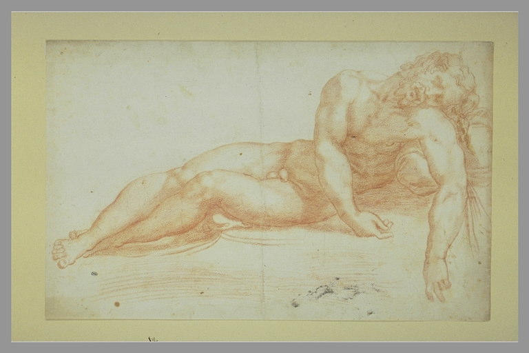 Homme nu couché, vu de face, les bras pendant en avant : Christ mort