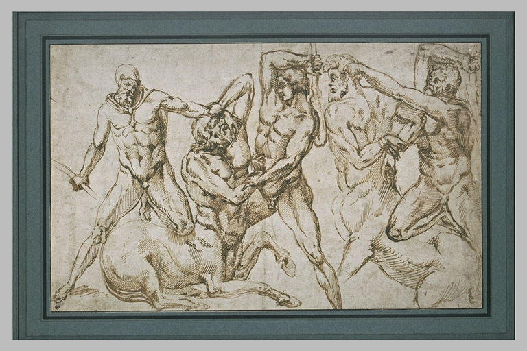 Trois hommes nus luttant avec deux centaures