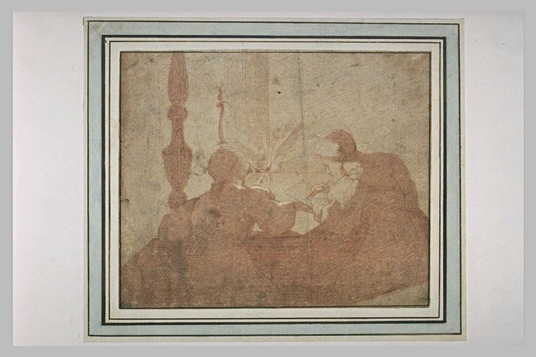 Deux figures, vues de dos, dessinant à la lumière