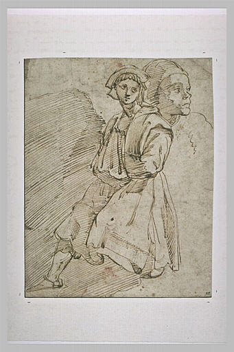 Personnage en long habit, coiffée ; tête de profil coiffée