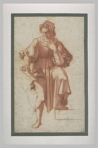 Homme drapé tenant une tablette, la jambe gauche en appui