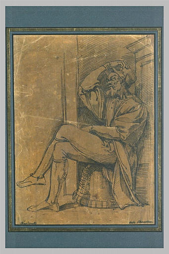 Homme en costume du XVIè siècle, assis sur un panier renversé