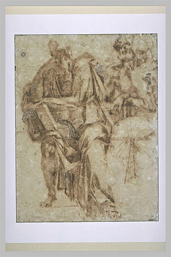 Groupe de trois hommes drapés, assis, tenant des livres : des prophètes?