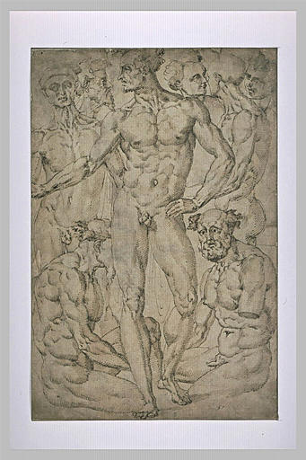 Groupe de huit figures d'hommes nus : six debout et deux assis