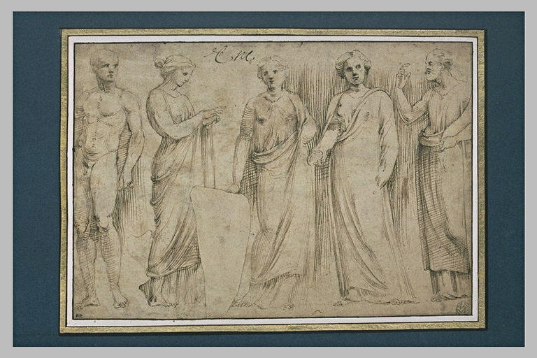 Cinq figures conversant : trois femmes et un homme drapés, jeune homme nu