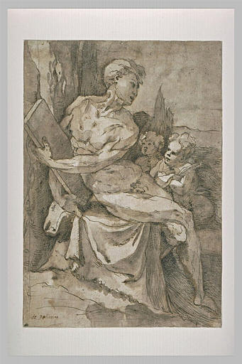 Jeune homme nu (Prophète?), assis, tenant une tablette, avec deux putti