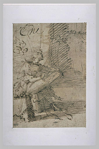 Zeuxis assis, vu de profil à droite, dessinant