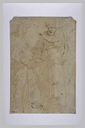 Deux hommes barbus drapés, debout, conversant