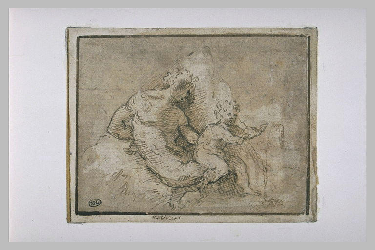 Femme nue assise, tenant un enfant sur les genoux