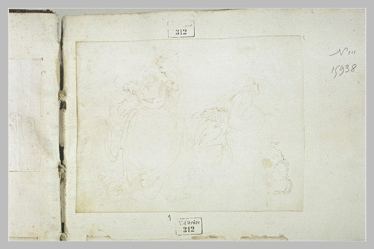 Femme et cartouche ; femme tournée vers la droite ; étude de vase