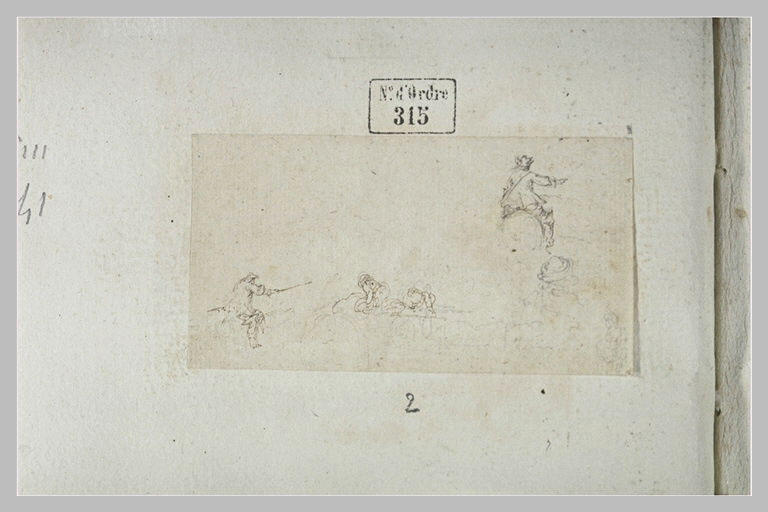 Deux cavaliers de dos ; croquis de tête ; deux hommes à terre