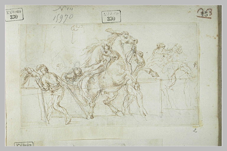 Hommes retenant leurs chevaux par la bride