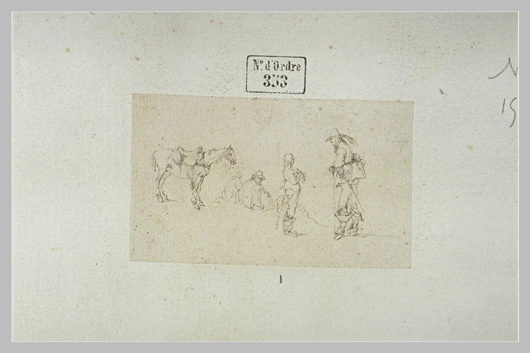 Cavalier ayant mis pied à terre et parlant à un homme, deux hommes assis