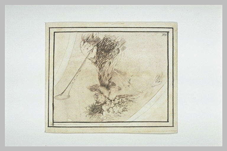Buste de satyre, couronné de feuillages, tenant une trompette