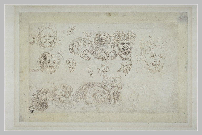 Etudes de frises ; macarons et têtes grotesques couronnées de feuillage