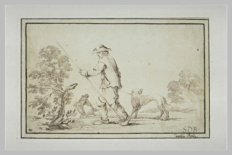 Paysage avec deux hommes menant deux chiens en laisse