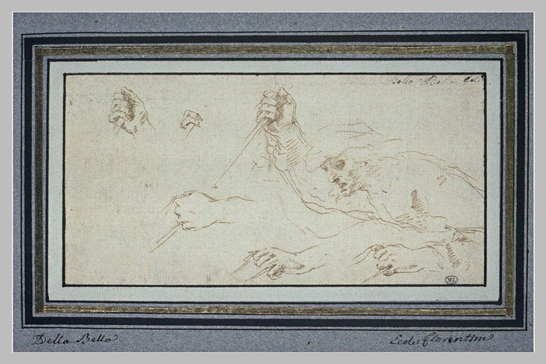 Etudes pour un chasseur : buste d'homme, six mains