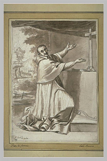 Un saint abbé à genoux les bras tendus vers une croix