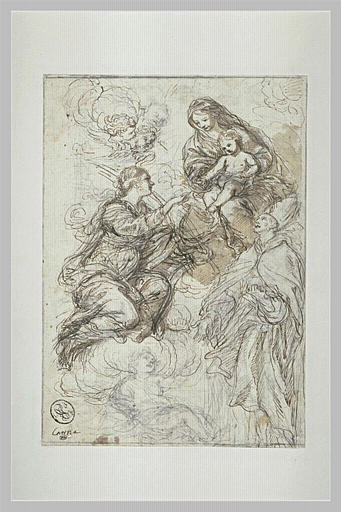 Une sainte et un évêque sur des nuages, devant la Vierge et l'Enfant Jesus