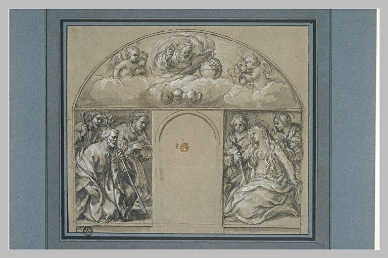 Projet de tabernacle : Dieu le Père et sept saints entourant une niche vide