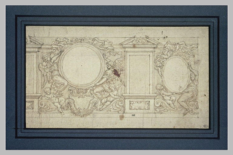 Décor d'architecture : fenêtres, médaillons, anges, putti, figures
