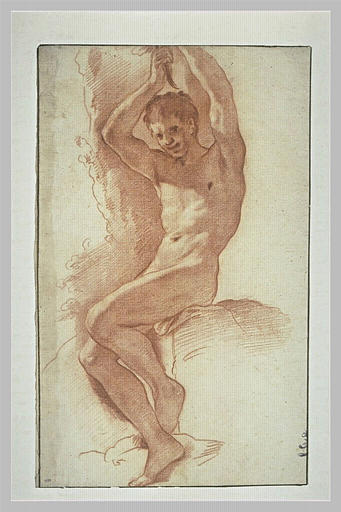 Homme nu, assis, les bras levés