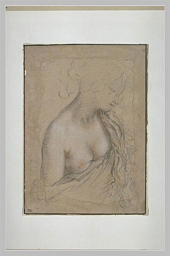 Buste de jeune femme, demi nue, de profil vers la droite