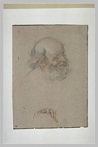 Tête de vieillard chauve, souriant, et main gauche