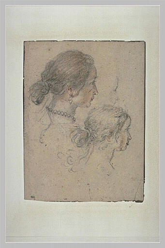 Trois têtes de jeunes filles de profil à droite