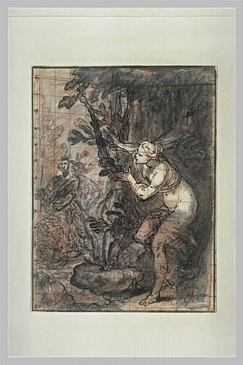 Nymphe cachée, guettant deux personnages : Echo et Narcisse