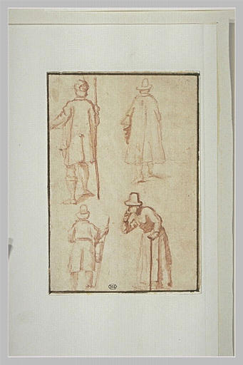 Trois hommes de dos ; un homme de profil appuyé sur une canne