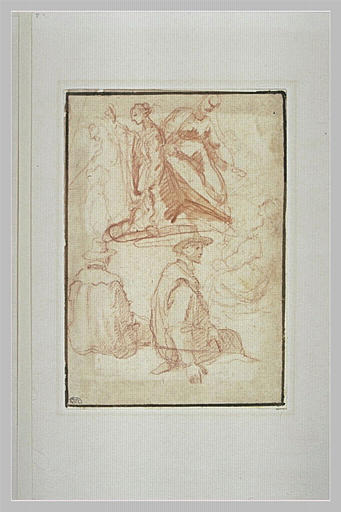 Deux hommes assis avec un chapeau sur la tête ; quatre études de femmes