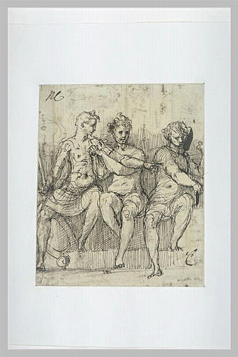 Trois hommes assis, vus de face