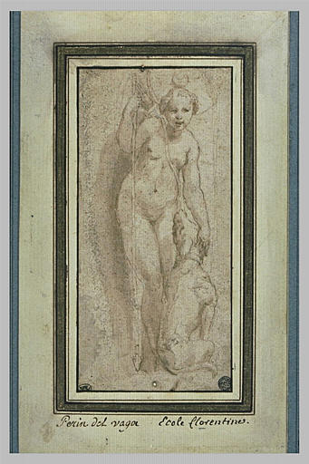 Diane, debout, caressant un chien