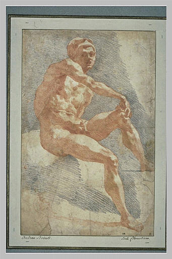 Homme nu assis, tourné vers la droite ; croquis de la même figure