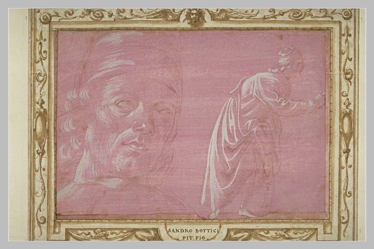 Tête d'homme coiffé d'un bonnet ; homme drapé, s'inclinant vers la droite