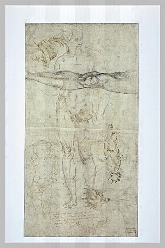 Etudes de jambes, de figures d'hommes et citation de Pétrarque