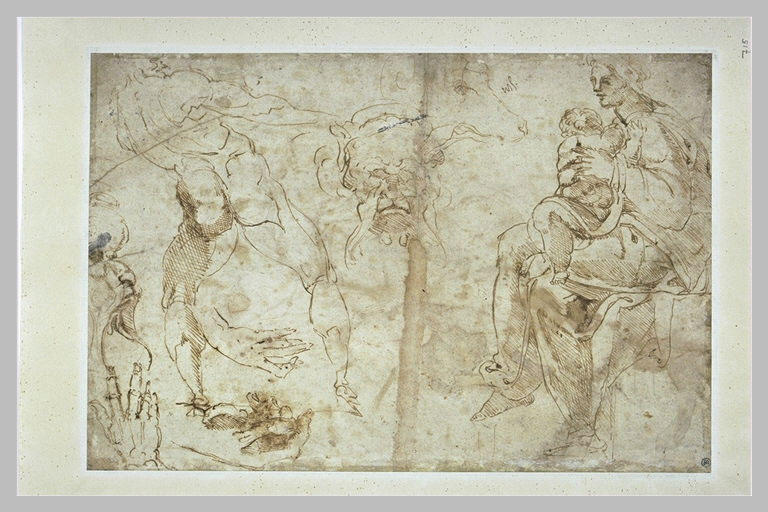 Etudes : Vierge à l'Enfant, homme, deux têtes de satyres, mains, chiens