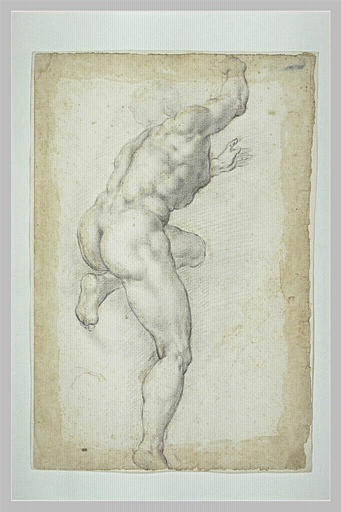 Homme nu, debout, vu de dos, la jambe gauche pliée