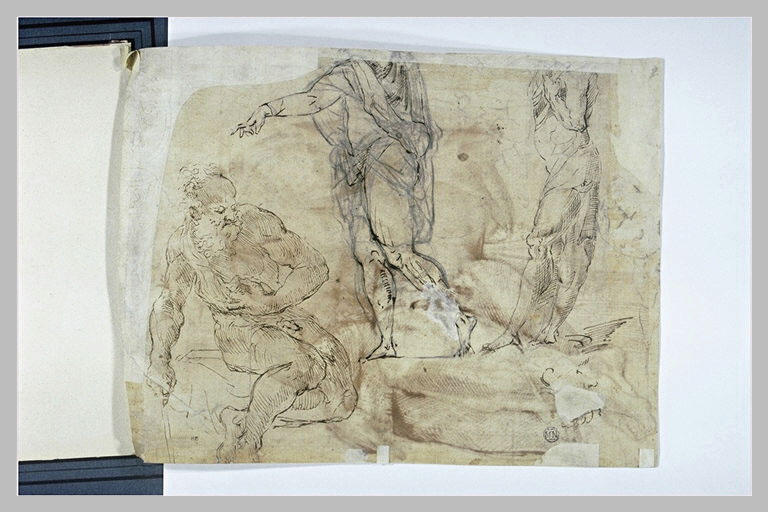 Deux hommes debout, de profil, et un vieillard assis