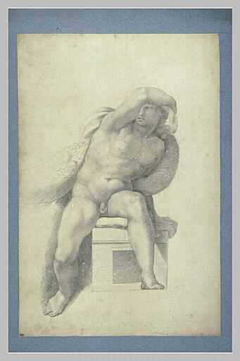 Jeune homme nu, assis, le bras droit au-dessus de la tête