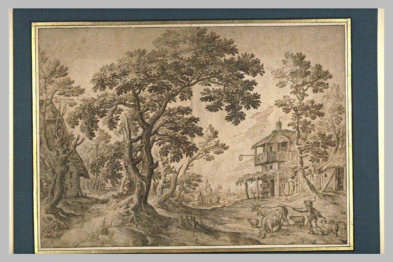 Paysage avec un berger, des vaches et des moutons près d'un village
